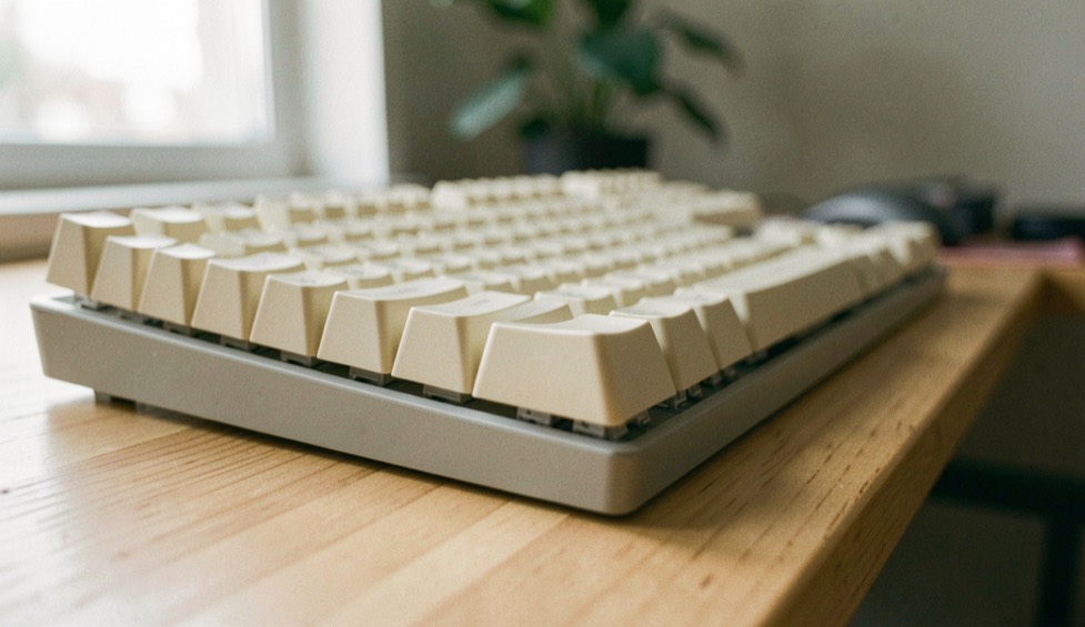 Low side view of a mechanical keyboard fitted with plain blank ivory keycaps without any printing, the middle row in sharp focus and the rest in soft blur, on a light oak desk in soft window light
