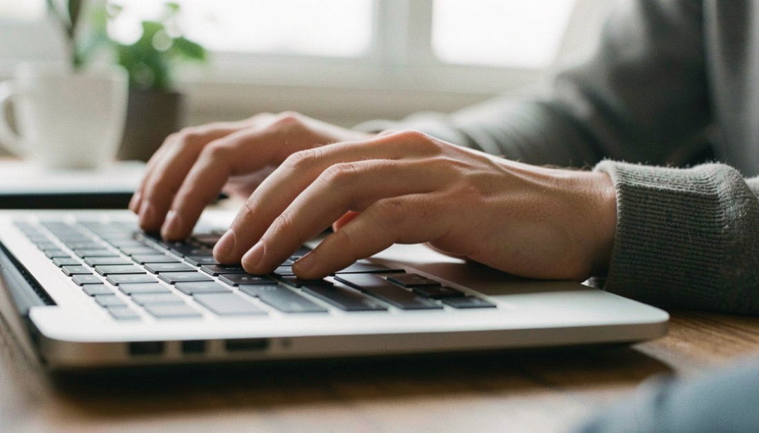 A close editorial view of home-row typing and relaxed finger placement