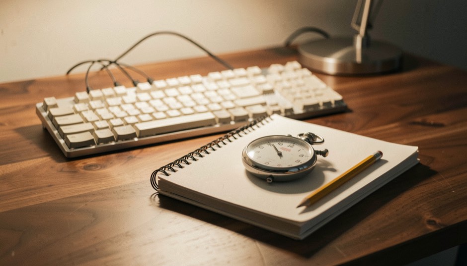 A silver stopwatch resting on a closed spiral notebook beside a sharpened pencil, with a wired keyboard with blank unlabelled keycaps further back on a walnut table, warm desk lamp light in the evening, shallow depth of field